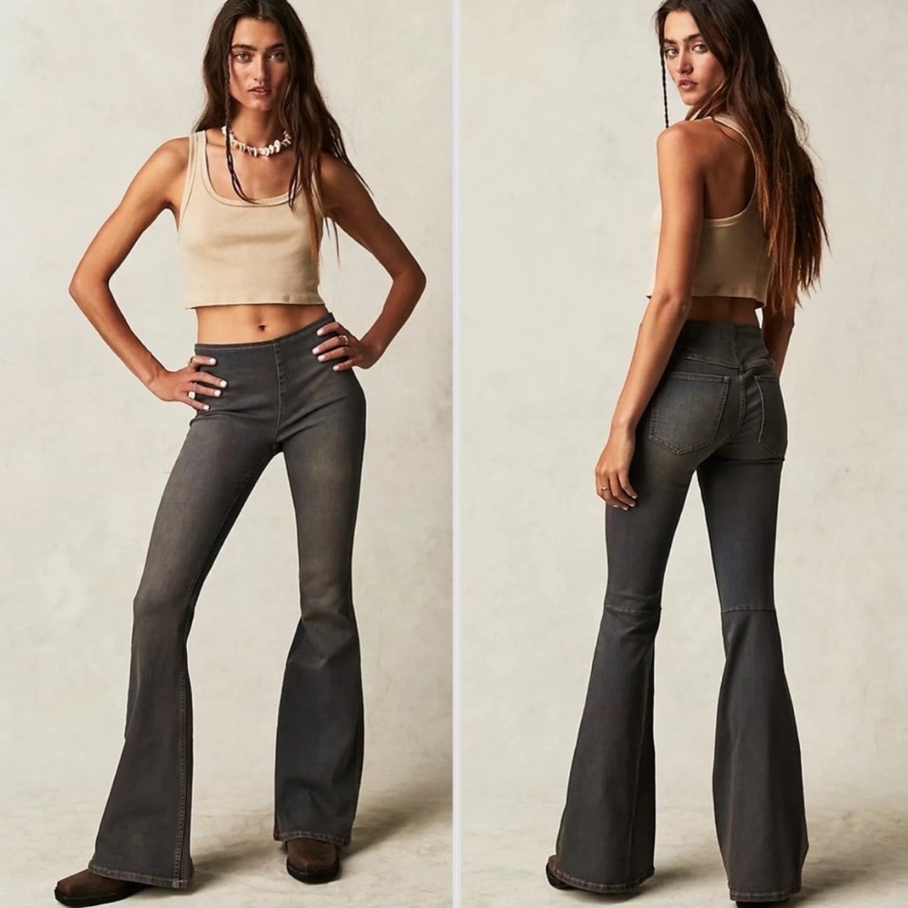 Free People Penny Pull On Kick Flare Bell Bottom Jean Washed Black‎ 30